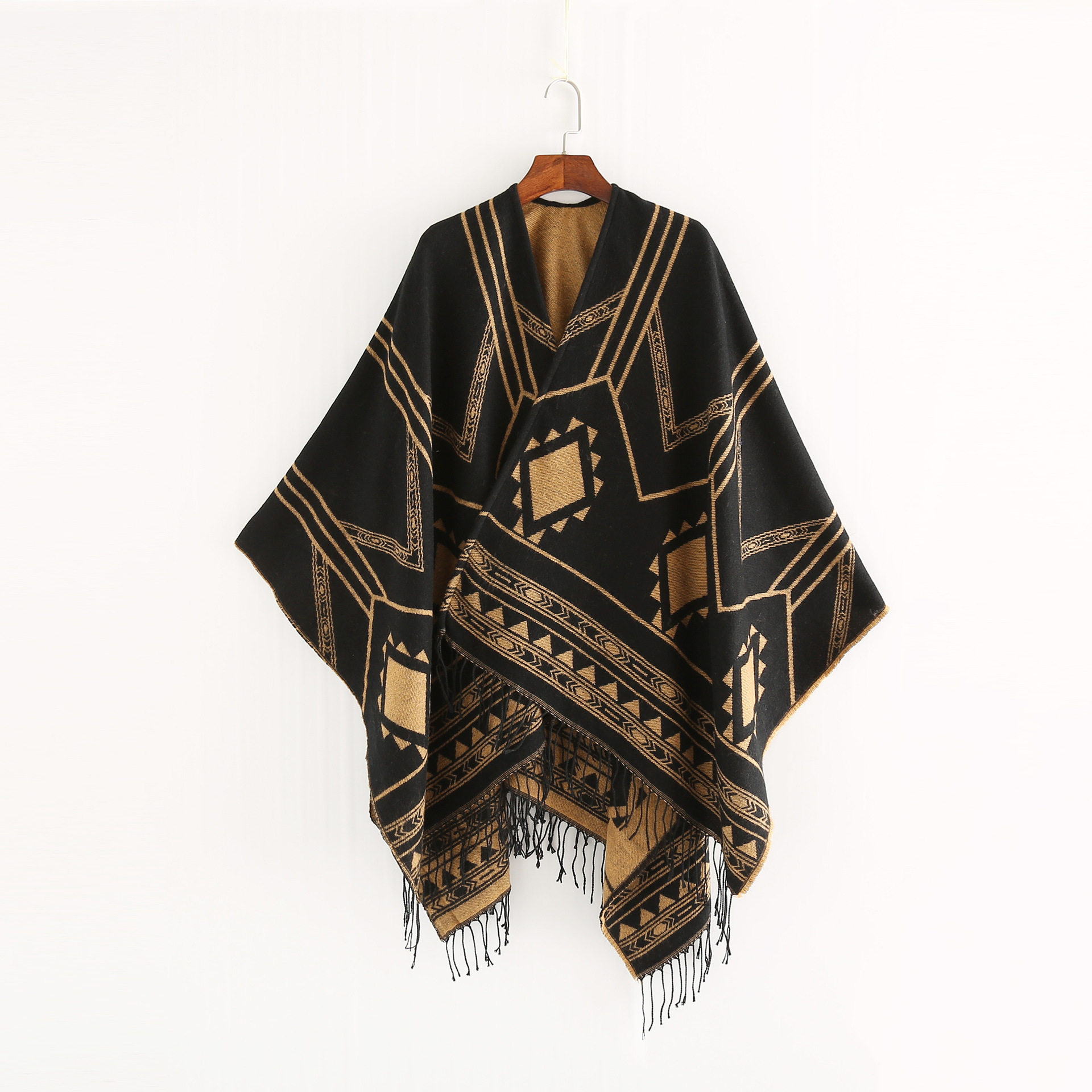 2023 New Indian Nepalese Style Geometric Tassel Split Women Shawl Warm Air Conditioning Room Lady Cloak Poncho Capes Black Khaki