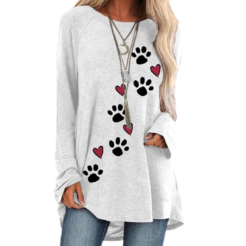 Automne Femmes Casual Dog Paw Imprimé blancs longs longs T-shirts en vrac