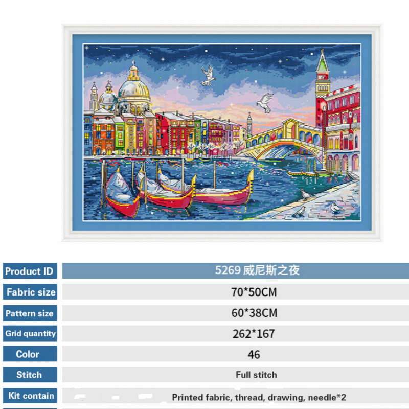 Kit de point de croix de bricolage, kit de peinture de paysage européen imprimé, Venise Night, Water City and Boats, décoration murale moderne