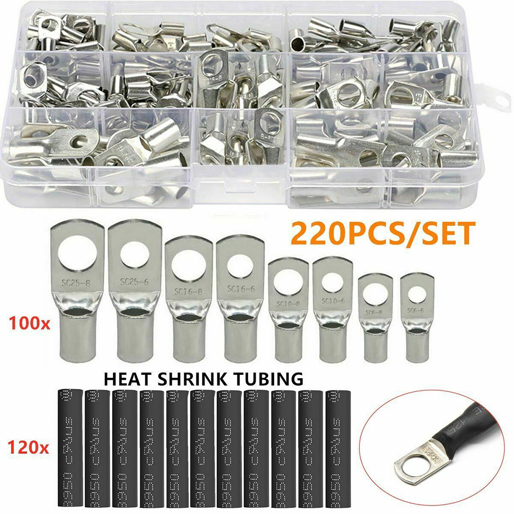 220CPS Various Automotive Soldering Connector Kit Copper Ring Crimp Wire Terminal Bare Cable Battery Terminal