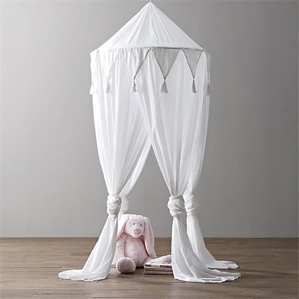 Kid Baby Solid Color Bed Canopy Triangle Tassel Edges Hanging Mosquito Net Tent