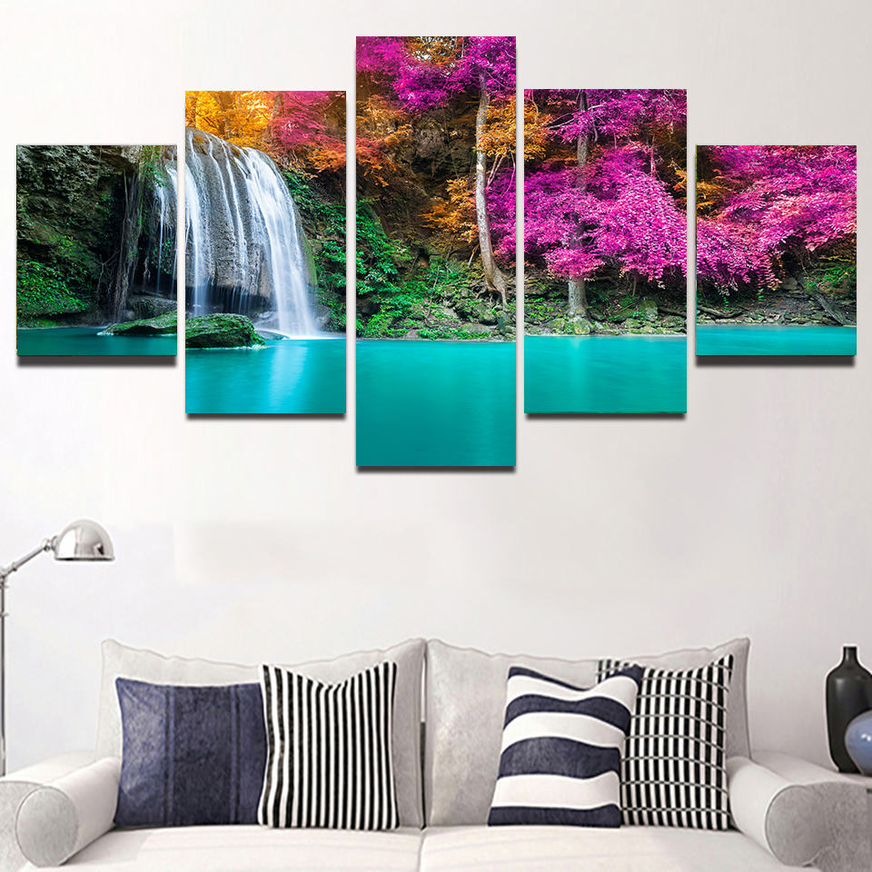 5st Landscape Natural Waterfall Canvas Målning Green Tree Lake LEAF Affischer och skriv ut väggkonstbilder Heminredning ingen ram