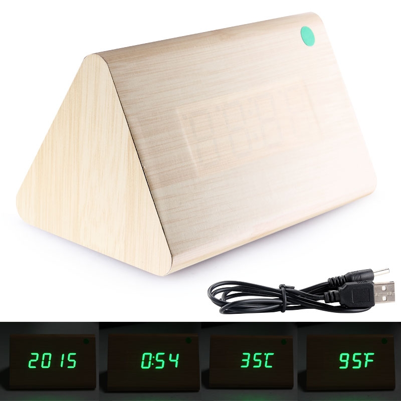 New Triangle Wood LED Wooden Alarm Clock Table Voice Sound Control Digital Clock Temperature Display Desktop Clocks USB/AAA