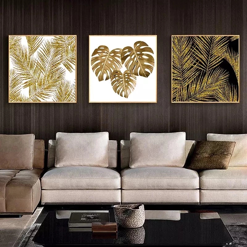 Retro abstrakcyjne lekkie luksusowe styl złotą teksturę liście i geometryczne plakaty sztuki płótno malowanie nadruków ściennych