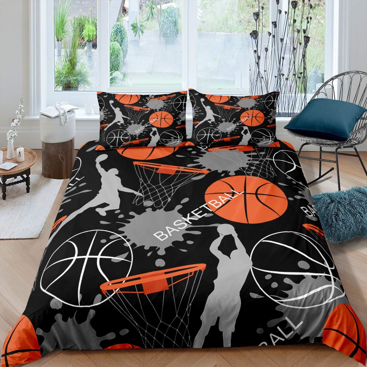 Tampa de edredão de basquete dos meninos Black Ball Padrão Esportes Tema Bedding Casa Crianças Tribunal de basquete Decoração da sala de jogos competitivos