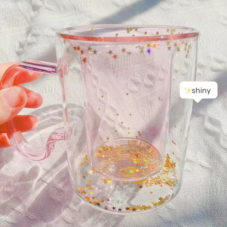 Korean Ins Girl Heart Kawaii Bubble Star Sky Cup Star Sequin Double Wall Glass Coffee Cup Handle Heat Resistant Milk Cup