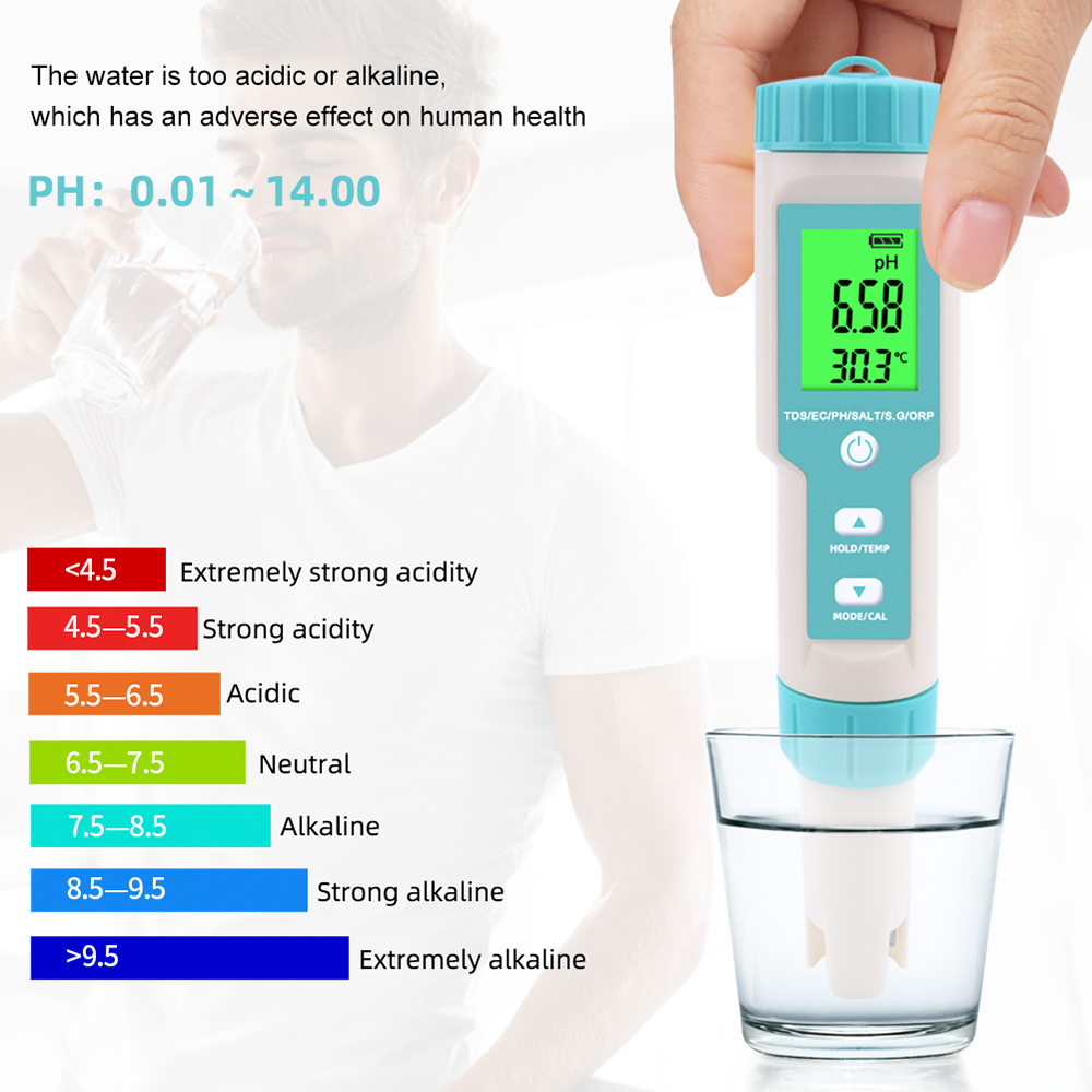 7 en 1 Ph / TDS / EC / ORP / S.G / Salinité / Température Multi-paramètre Pocket Water Quality Tester pour les piscines Aquariums d'eau potable