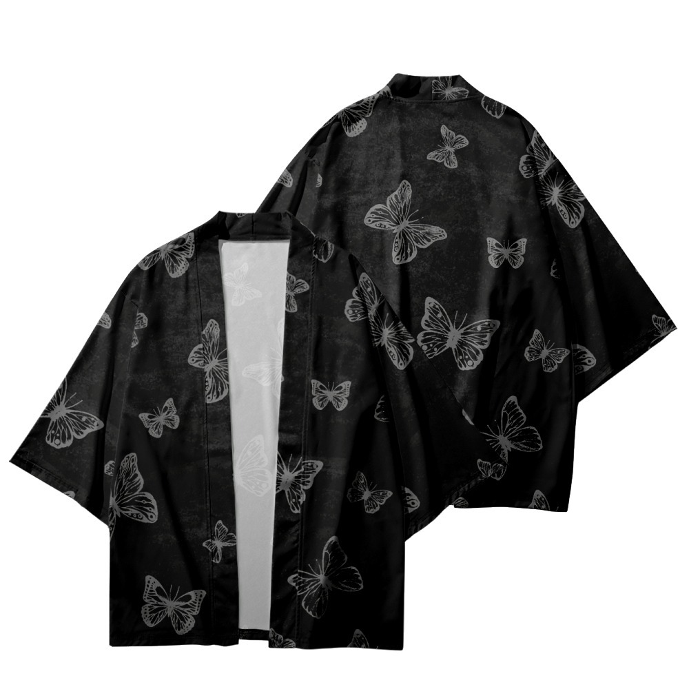 Traditionell fjäril Tryckt svart japansk kimono strand shorts sommarpar män kvinnor yukata skjorta haori cardigan cosplay