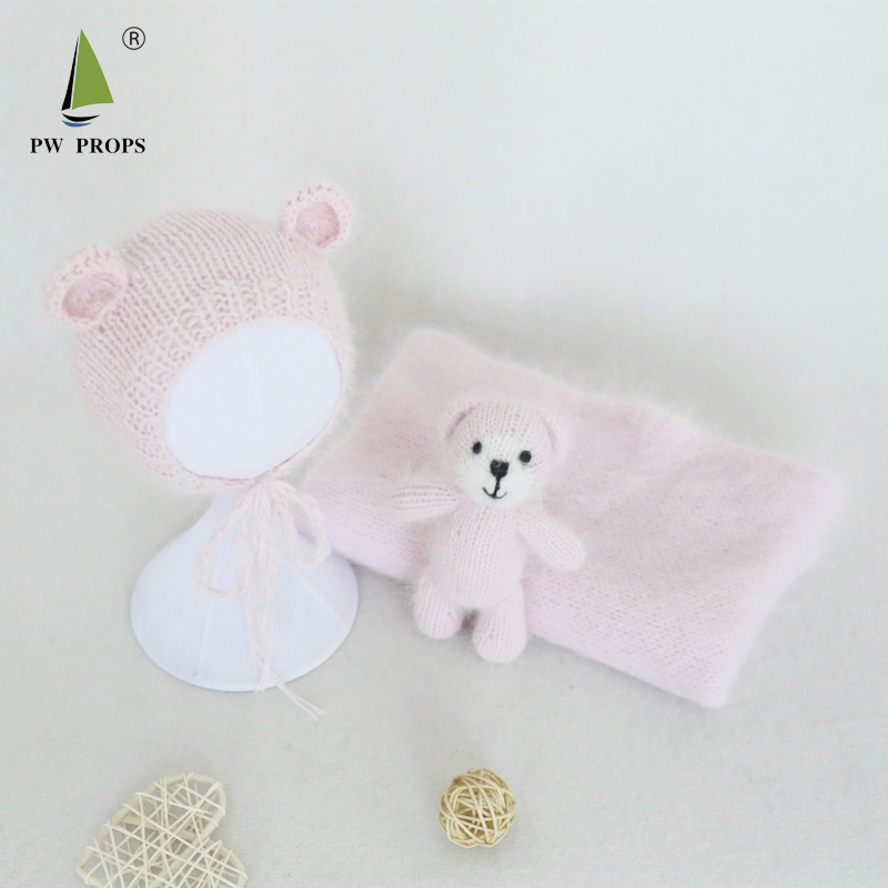 Newborn Teddy Hat Toy Set Photography Props Knit Fluffy Animal Filler Bonnet Photo Shoot Amigurumi Toy