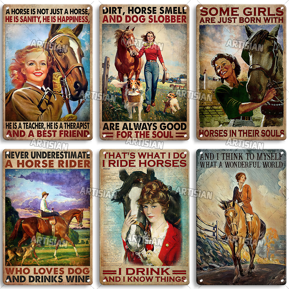 Artisian Weathered Girl and Horse Art Metal Poster Vintage Wall Plate Classic Sport Metal Plack Bar Cafe Garage Wall Decor Sign Sign