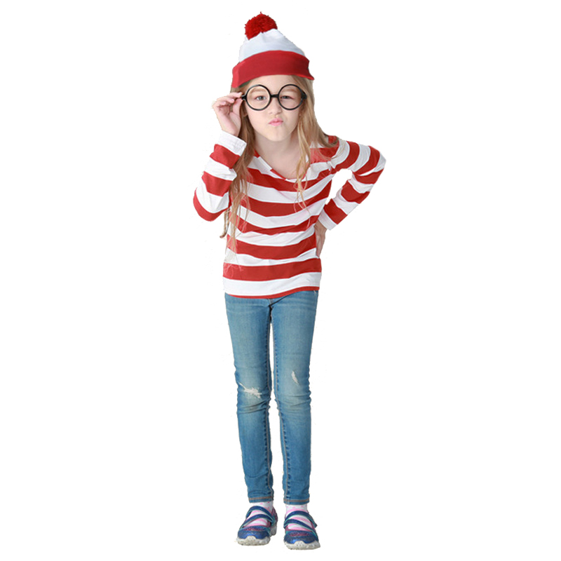 Parent-Child Wally Costume Red White Striped T-Shirt Waldo Playsuit Cosplay Carnival Halloween Fancy Party Dress