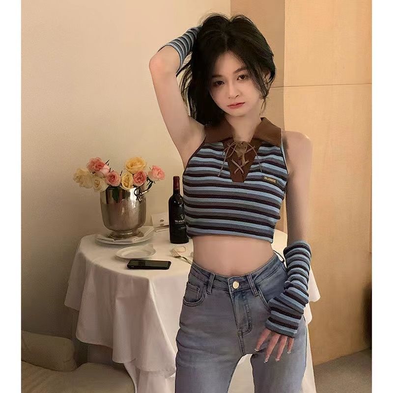 Sexy Summer Halter Stripe Camisole Women Women Bandled Collar Bandlet RETRO Slim Crop Tops Club Travel Beach Hand Cuff Female Female