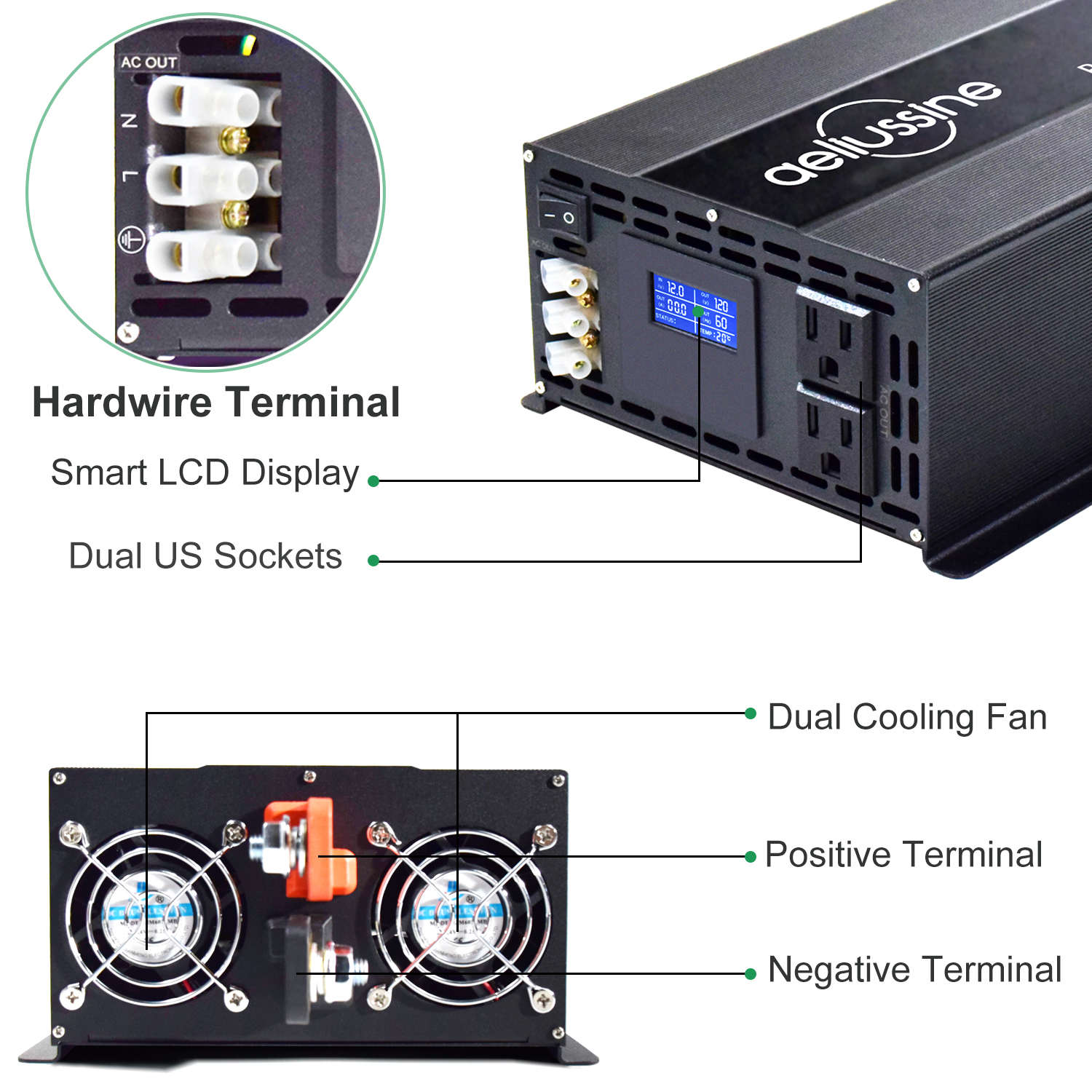 3000W LCD Display Pure Sine Wave Solar Inverter Power Battery 12V/24V/36V/48V DC to 100V/120V/220V/240V AC Converter Transformer
