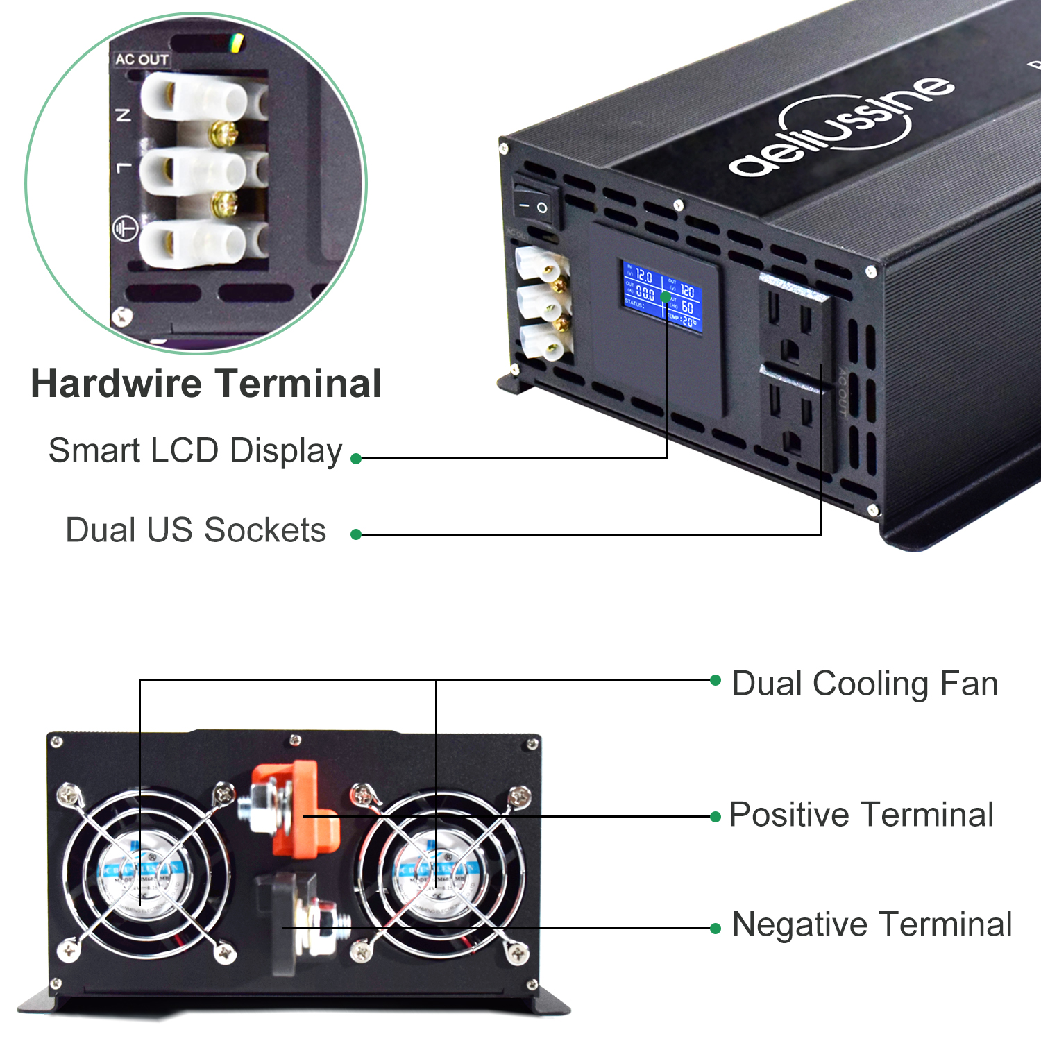 طاقة العاكس الشمسي النقي من الجيبات الشمسية 2500W 12V/24V/36V/48V DC إلى 120V/220V/230V/240V AC محول بطارية مزود الطاقة