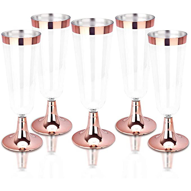 150ml Clear Plastic Champagne Flutes Disposable Rose Gold Rimmed Champagne Red Wine Glass Drink Cup for Party Wedding