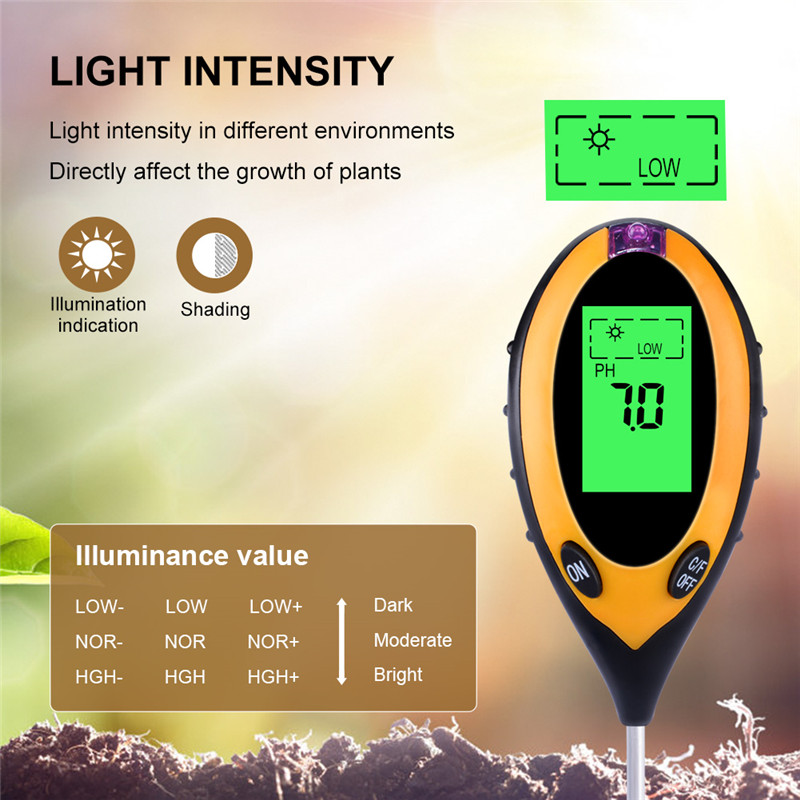 4 I 1 Digital pH -mätare Jordfuktmonitor Temperatur Solljus Aciditetstestare Alkali Testverktyg för trädgårdsväxter Jordbruk