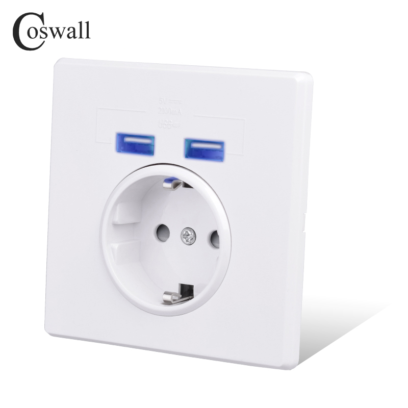 Coswall Rosja Hiszpania UE/francuski standardowy gniazdo ścienne z 2 USB Port Charge Hidden Soft LED Wskaźnik PC White