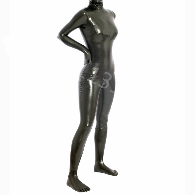 Sexy Natural Latex Woman Women Catrsuit Women macacos com luvas de cinco dedos dos dedos zíperes dianteiros sem capuz