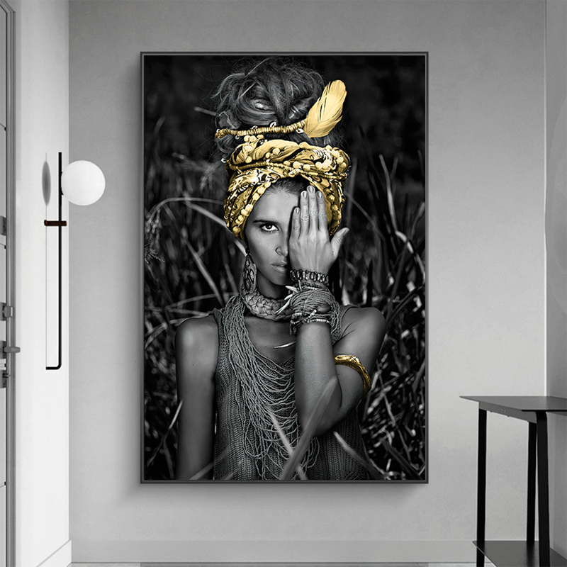 Styl etniczny Kobieta sztuka obraz nadruku na płótnie malowanie czarno -białe plakaty i grafiki nowoczesne domowe wystrój salonu
