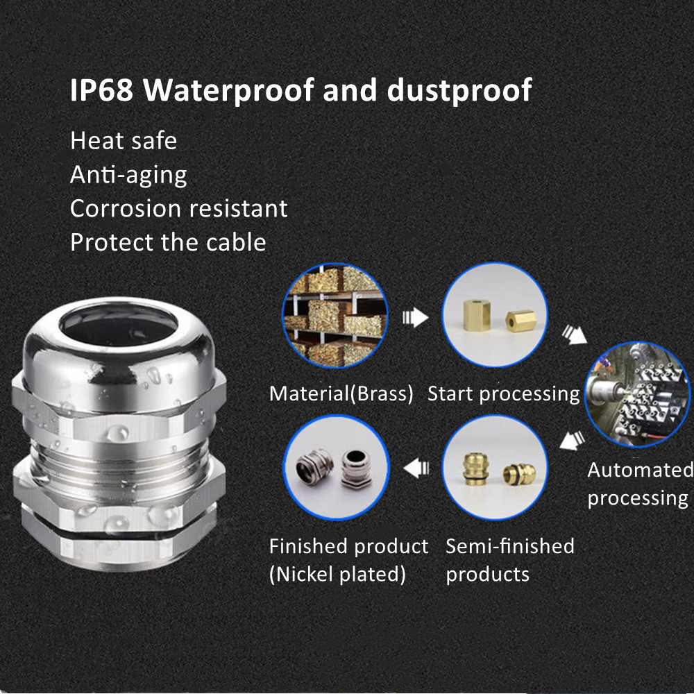 Водонепроницаемый разъем кабельной железы IP68 Никелевый латунный метрический кабель M8 M10 M12 M14 M16 M18-M36 FIT 18-25 мм для 4-8 мм кабеля