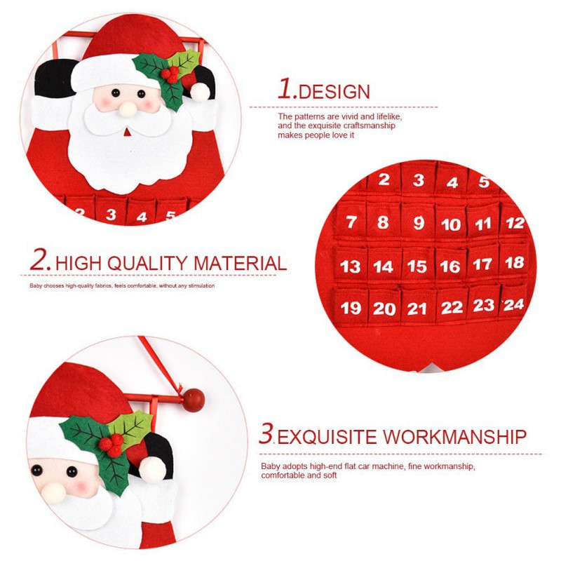 Santa Claus Snowman Elk Adventy Calendário com bolsos 24 dias pendurando o calendário de feltro de contagem regressiva de Natal para decoração de casa interna