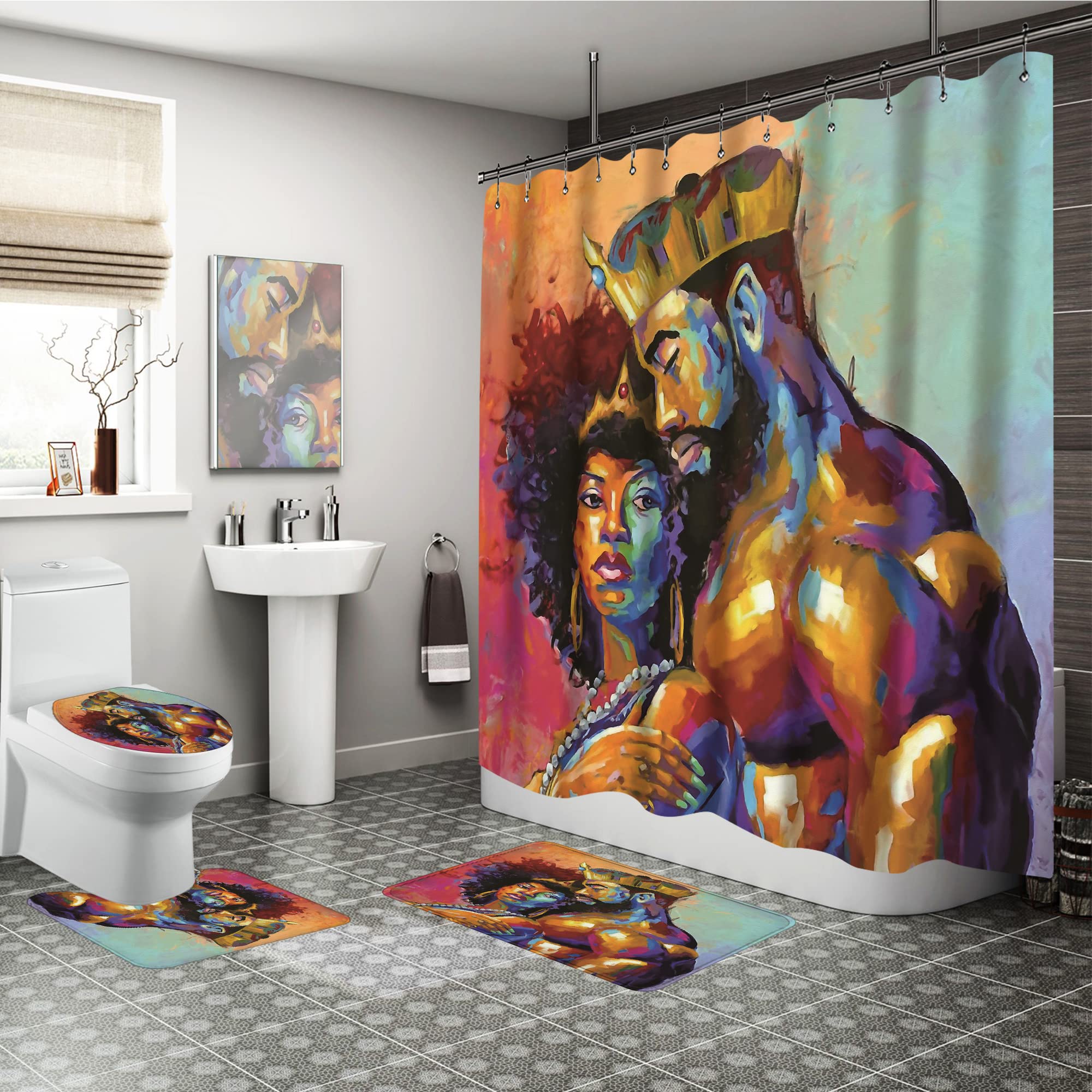 アフリカ系アメリカ人のシャワーカーテンセットロマンチックなカップルブラッククイーンラグジュアリーゴールドクラウンマンダラフラワーバスルーム装飾ノンスリップバスマット