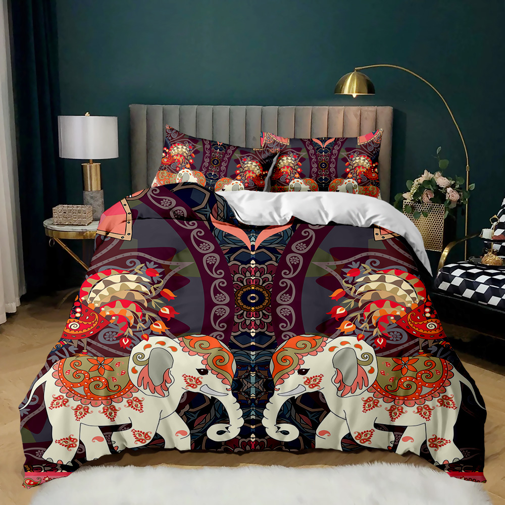 Ensemble de couverture de couette éléphant reine / roi / pleine grandeur de style bohème femme exotique animal floral couvre-coquette en polyester