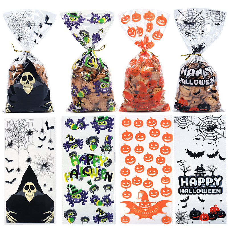 Clear Cellophane Packing Bag Halloween Party Decor Trick or Treat Bags Bat Witch Spider Printed Plastic Candy Gift Bags