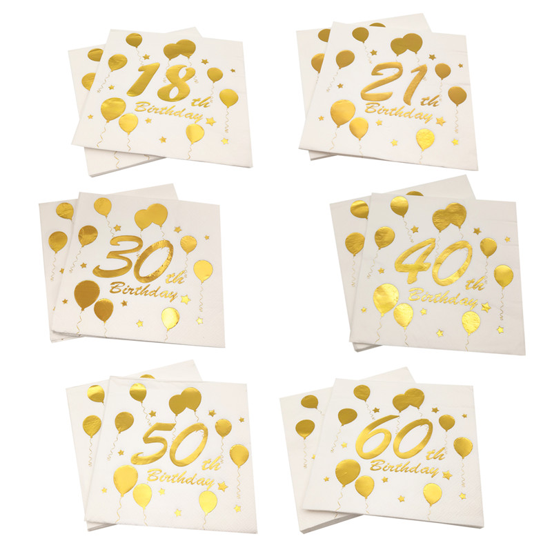 10st Gold 18th 21th 30th 40th 50th 60th Birthday Paper Napkins vuxen födelsedagsfest dekor män kvinnor 30 år jubileumsutbud