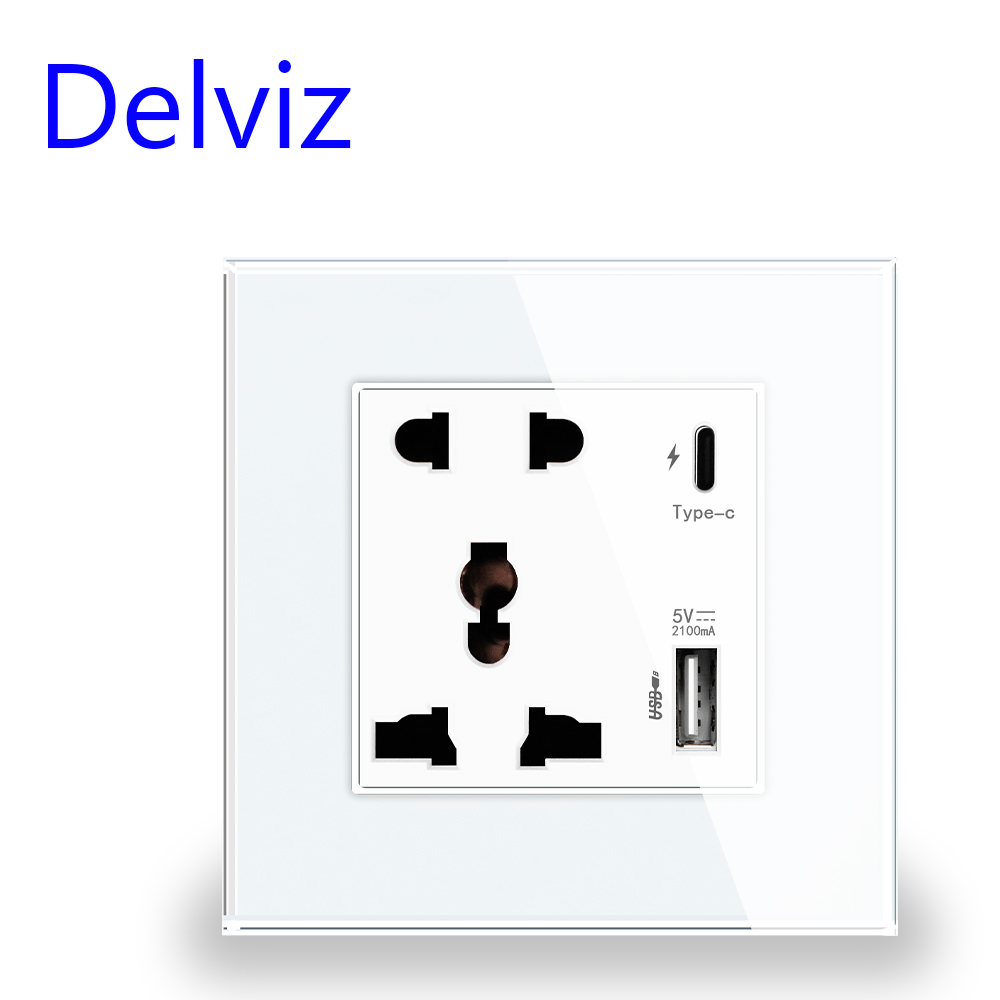Delviz Type-Cインターフェイスソケット、ユニバーサルインターナショナル、クリスタルガラスパネル、ウォールパワーUSBアウトレット、18W 4000MAスマートクイックチャージ