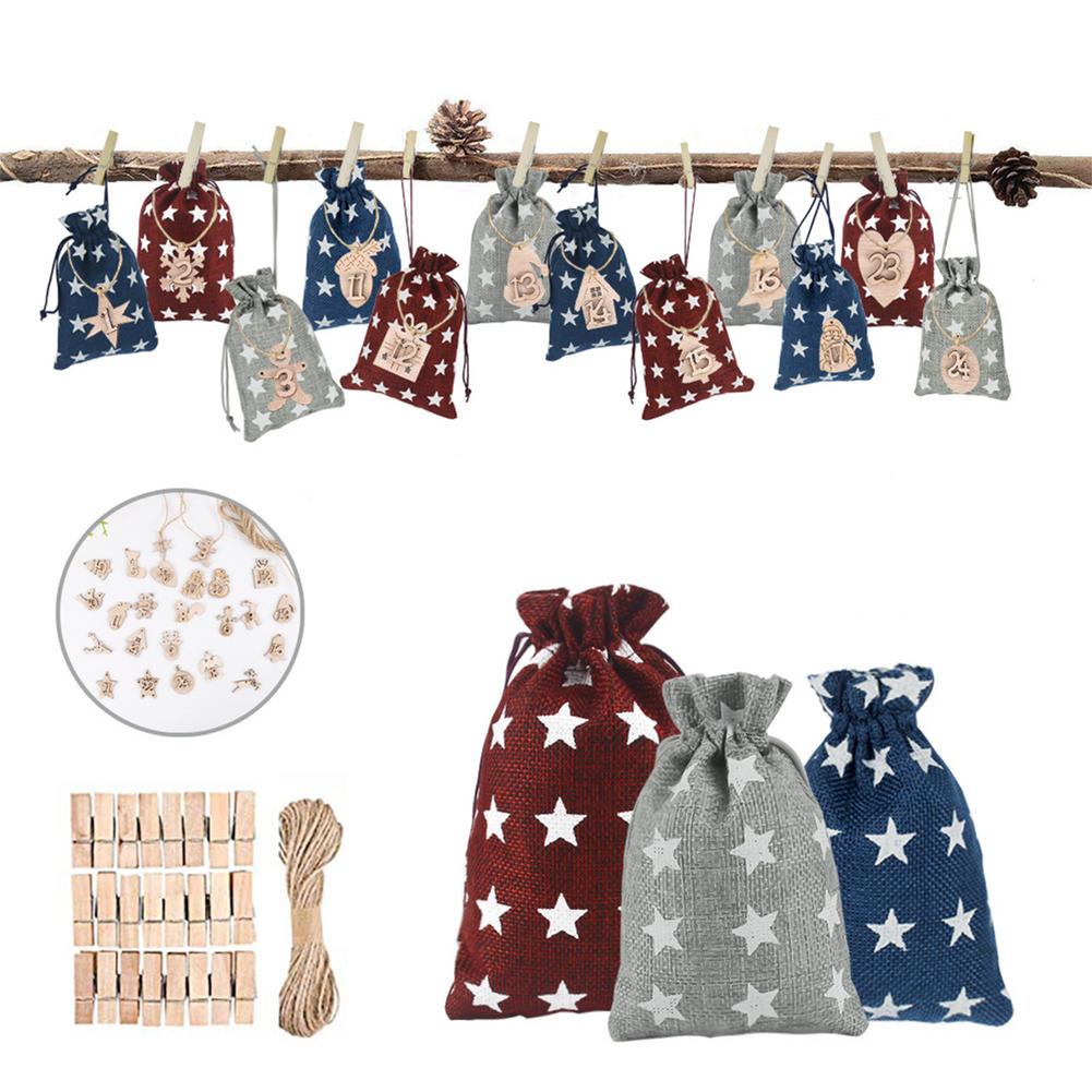 Christmas Advent Calendar Bag Linen Wall Hanging Drawstring Bag With Clips Wooden Sign 2022 Christmas Countdown Advent Bag