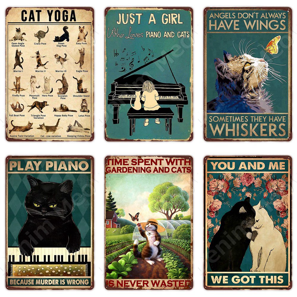 Vintage Black Cat Metal Sign Cat Yoga Metal Affiche décor mural pour la maison de cuisine Home Kitchen Bar n'oubliez pas d'essuyer le cadeau des signes pour les amoureux des chats