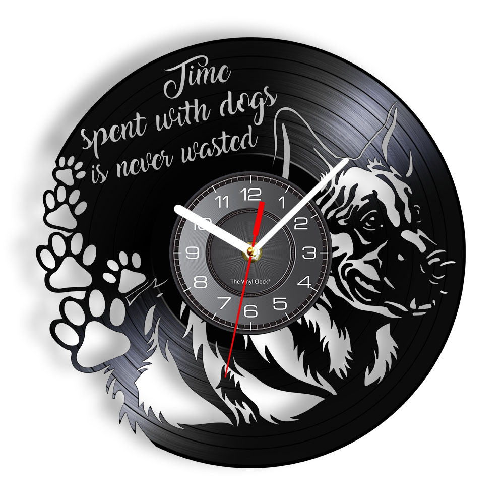 German Shepherd Dogs Vinyl Record Wall Clock Time Spent With Dog Is Never Wasted Puppy Portrait Vintage Art Watch For Home Decor