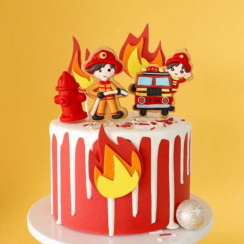 Hero Firefighter Cake Topper Decor Gold Red Ball Fire Truck Flame Child Faven Foft