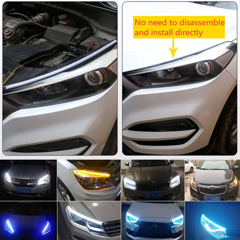 LED DRL CAR أثناء النهار تشغيل ضوء مرن الشريط المضاد للماء المصابيح الأمامية أبيض إشارة انعطاف أضواء الفرامل الأصفر جزء