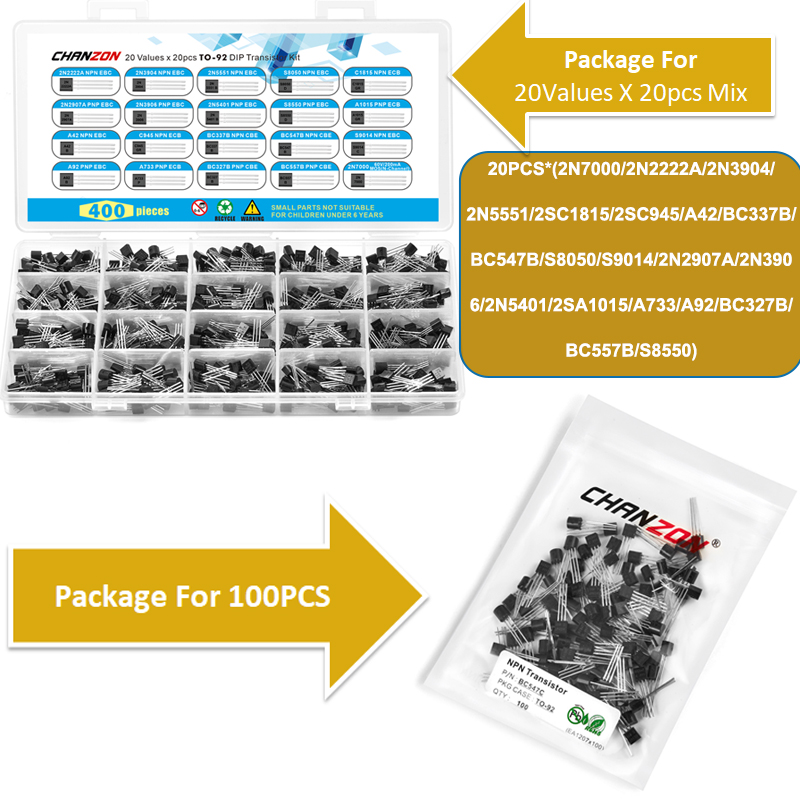 20 Values TO-92 NPN PNP Transistor Kit Bc547 2N3904 2N7000 2N2222A 2N5551 2N3906 Bc337B Bc557B S8050 S8550 2N5401 Bc547B 2N4401