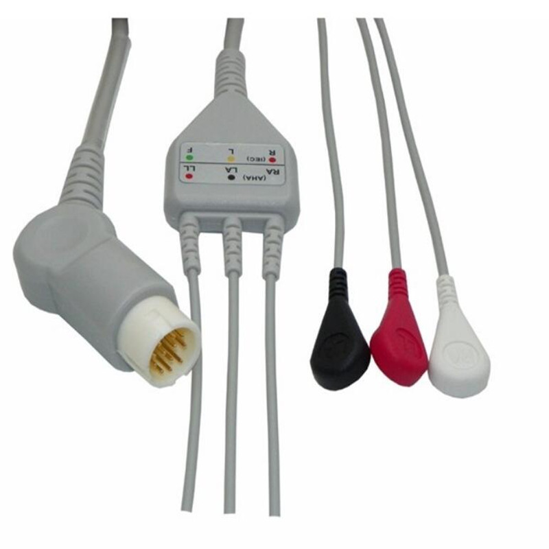 Compatible pour Philips / HP 12pin MP20 / 30 / VM6 Monitor patient câble ECG One Piece 3 Leads, ECG Leadwires câble Snap End Aha .Tpu
