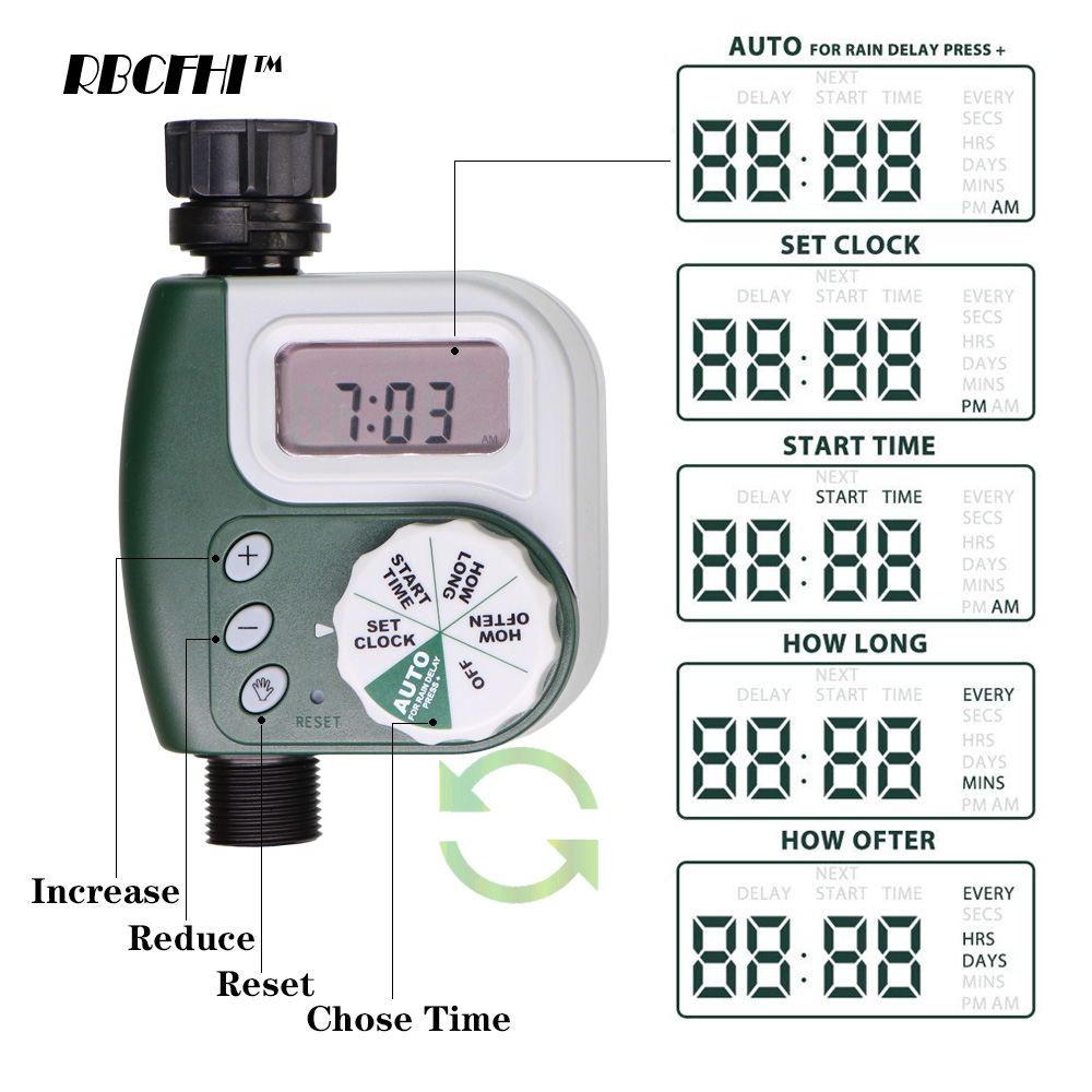 RBCFHI 6 tipi di timer da giardino Sensore di pioggia Sensore Solar programmabile Elettronico automatico Display LCD Timer dell'acqua da giardino domestica
