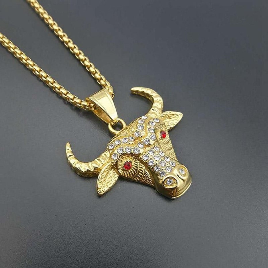 Hip Hop Rapper Style Bull Head Tau Pendants Necklaces for Men Gold Color 316L Stainless Steel Personality Party Jewelry Gift2475