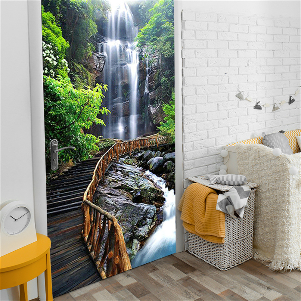 Green Forest Bridge Self-adhesive Door Wallpaper 3D PVC Home Decor Sticker Beach Sun Scenery Poster Mural Wall Decal deursticker