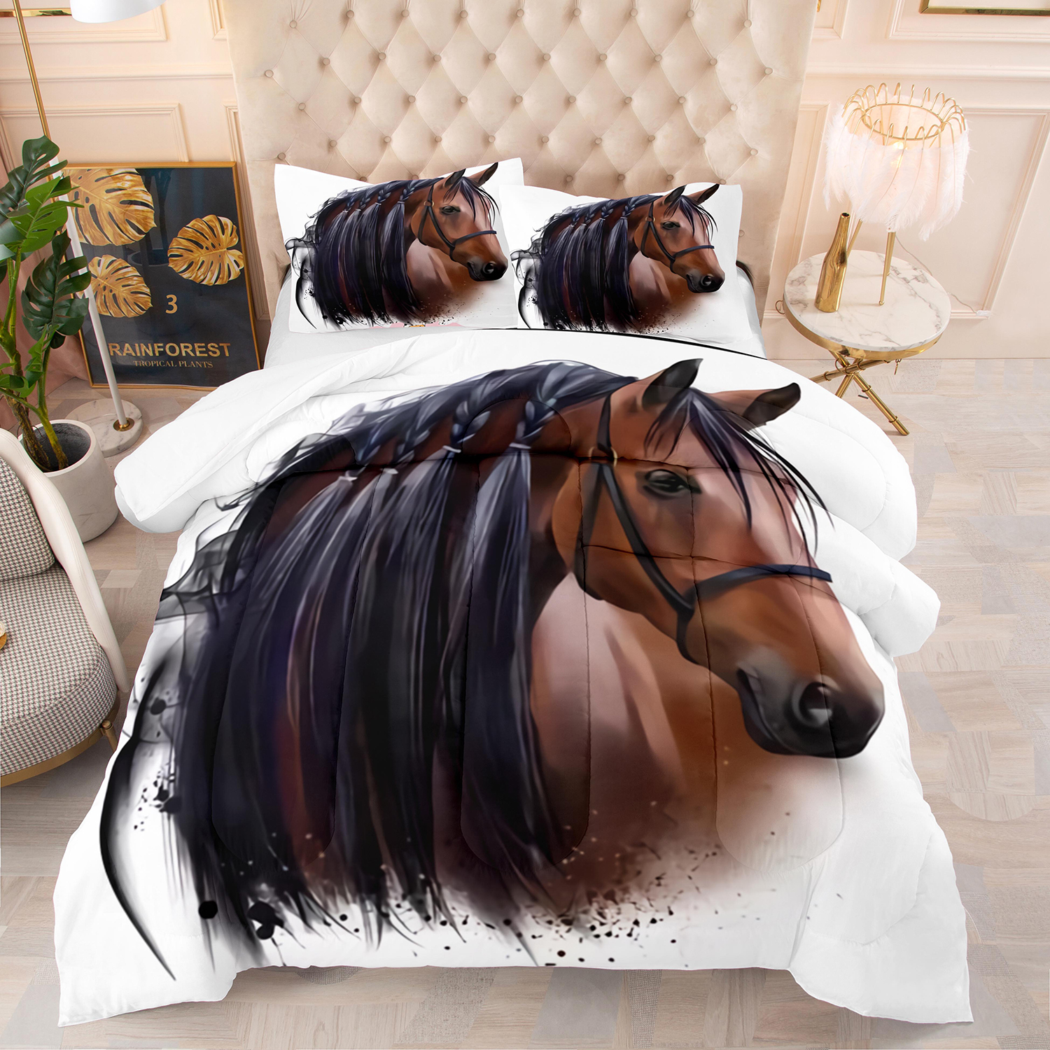 Conjunto de cama de edredom de cavalos marrons de luxo Conjunto de cama 3D Animais de edredão adultos adultos 200x200 têxteis domésticos macios e macios