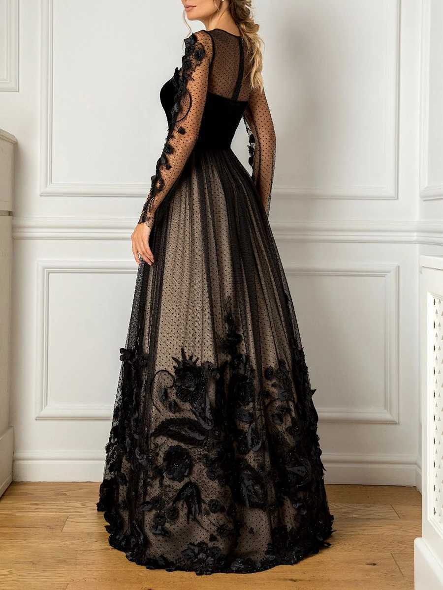 Urban sexy Kleider Applique Perlen -Abschlussballkleid Langarm Spitze Cocktail Party elegante bodenlange Illusion Schwarze Abendkleider für Frauen 2023 24410