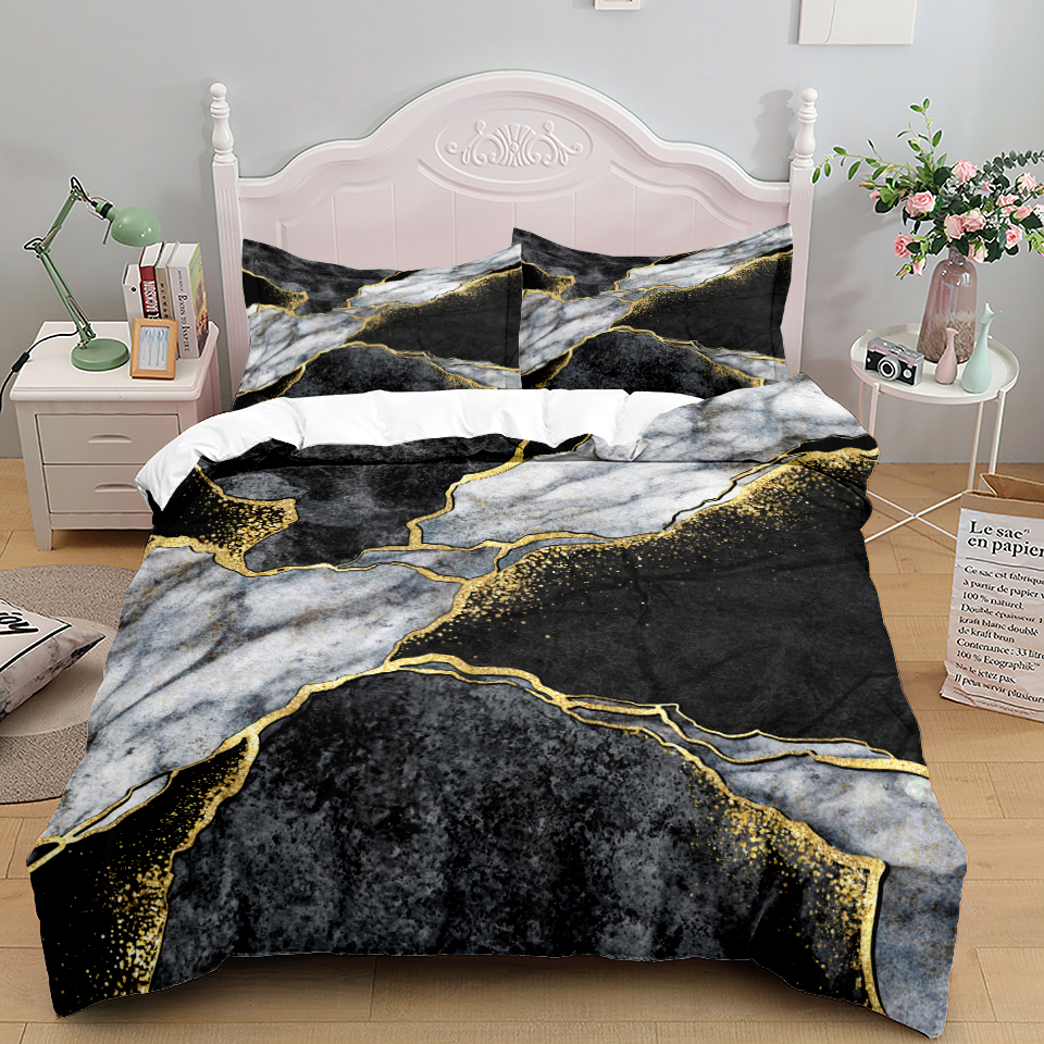 Abstract Black Gold Marble Däcke Cover Set Kuddefästen Green Twin Queen King Size Bedding Set Nordic Luxury Designer Quilt Cover