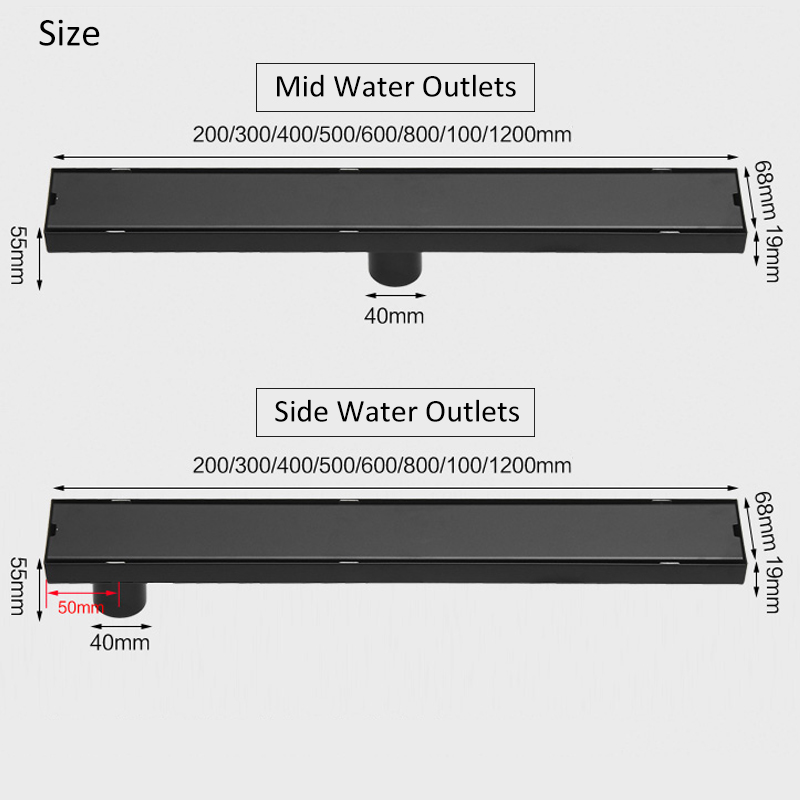 マットブラック目に見えないバスルーム床排水ロングストリップフロアドレンバスルーム変位黒い床排水タイルインサートドレイン