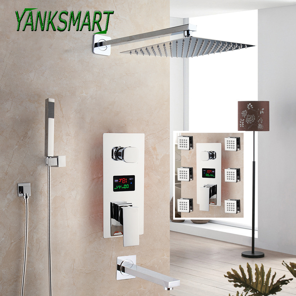 YANKSMART Luxury LED Chrome Polished Bathroom Bathtub Rainfall Shower Faucet Set Wall Mounted Square Shower Head Mixer Water Tap