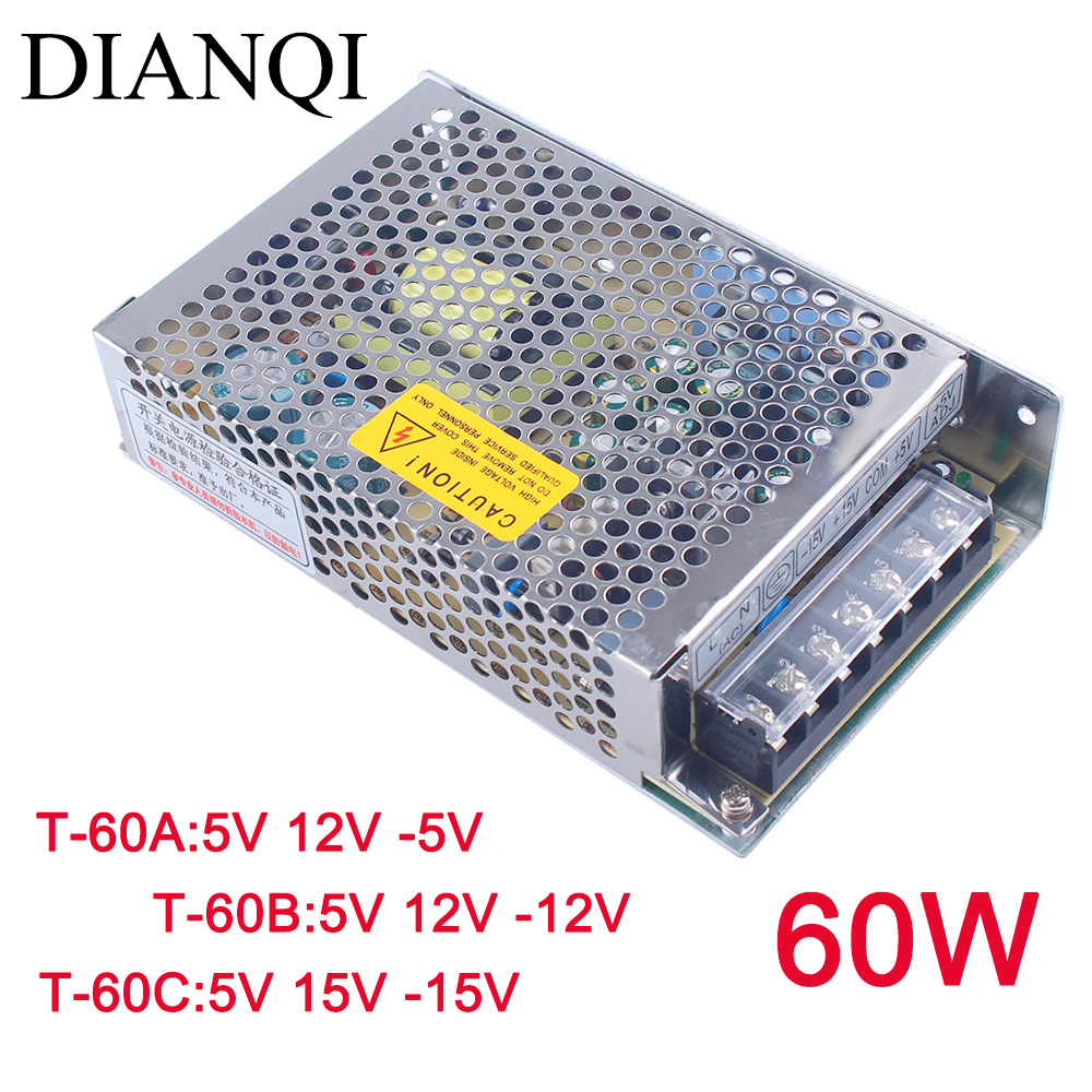 Dianqi Triple Output Switching Power Supply 60W 5V 12V 15V Power Suply T-60 AC DC Converter Justerbar