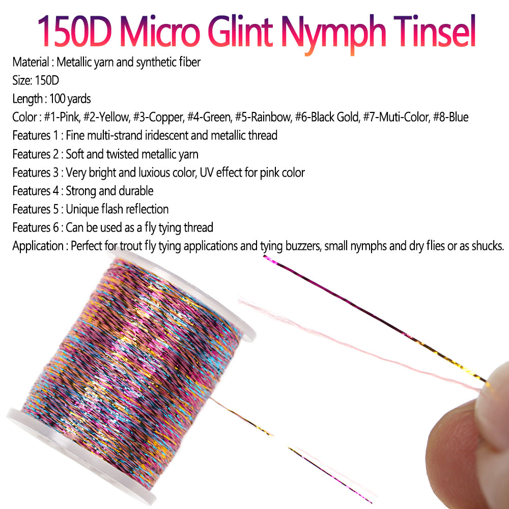 Bimoo 100 meter 150D Micro Glint Nymf Tinsel Thread Buzzers Små nymfer Dry Fly Shucks Trout Fishing Lurs Fly Binding Material