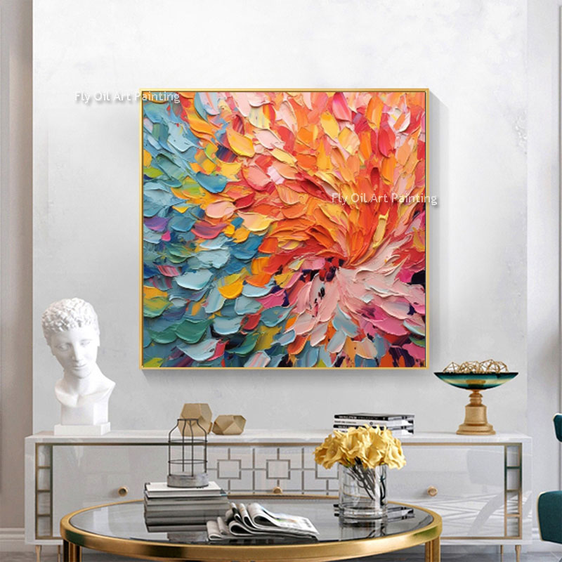 Textured Feather Oil Canvas Painting Abstract Colorful Leaves Hand Painted Wall Art Unique Living Room Decor Custom Colorful Painting Gift