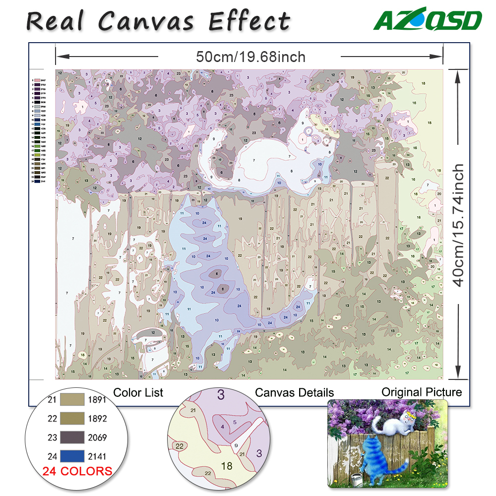 Azqsd Paint по номерам с рамкой животной кошка DIY Машиная живопись по номерам картин