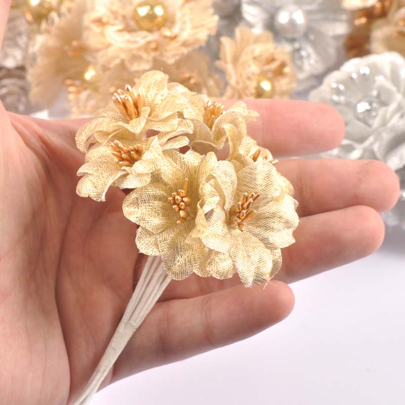 2 Bouquet Mini Golden / Silver Plant Artificiel Fleurs Fleurs de mariage Boîte de gâteau de mariage Boîte de bricolage DIY Couronne de déco CP3091